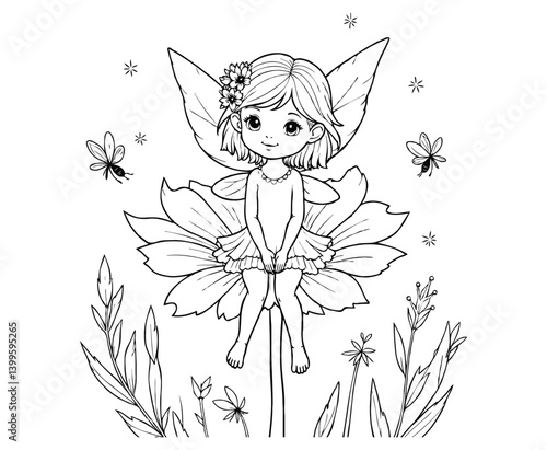 Fairy with Fluffy Wings Sitting on a Giant Flower coloring page