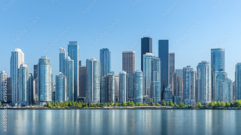 Fototapeta premium Vancouver Skyline Cityscape, Clear Day, Waterfront View, Stock Photo