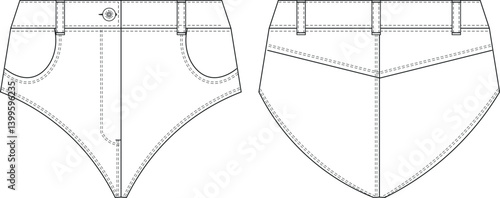 with pockets mid rise mid waist jean denim super mini short hot pant  template technical drawing flat sketch cad mockup fashion woman design style model 
