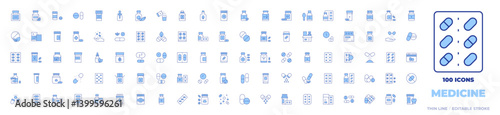 100 Medicine Icons Collection. Line Duotone style, editable stroke. pills, medicine, melatonin, medication, capsules, capsule, pill, tablet, online pharmacy, no drugs