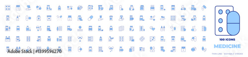 100 Medicine Icons Collection. Line Duotone style, editable stroke. medicine, pills, vitamins, antibiotic, nasal spray, approve, pill, tablet, homeopathy, capsules