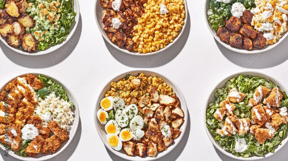 Variety of Healthy Salads and Bowls, Food, Different dishes Variety of Healthy Salads and Bowls, Food, Different dishes