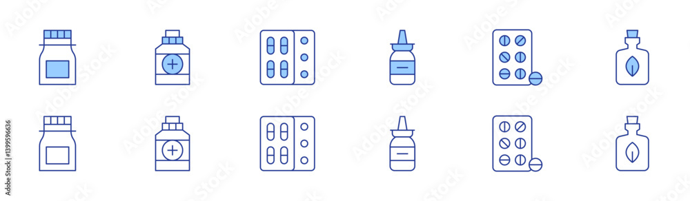 Medicine icon set in two styles, Duotone and Thin Line style. Editable stroke. medicine, nasal spray, tablet, herbal Medicine icon set in two styles, Duotone and Thin Line style. Editable stroke. medicine, nasal spray, tablet, herbal