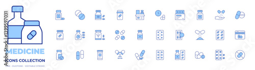 Medicine icons collection. Line Duotone style, editable stroke. medicine, capsules, capsule, pill, tablet, online pharmacy, pills, no drugs, multivitamin
