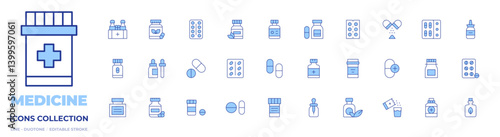 Medicine icons collection. Line Duotone style, editable stroke. medicine, pills, vitamins, dropper, antibiotic, nasal spray, pill, tablet, capsules, herbal