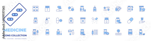 Medicine icons collection. Line Duotone style, editable stroke. medicine, drug, syrup, pills, vial, vegan, nasal spray, treatment, capsule, drugs, medicines