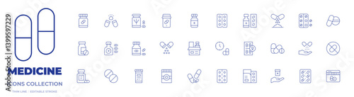 Medicine icons collection. Thin Line icons, editable stroke. medicine, online pharmacy, drug, capsule, pills, pill, tablet, multivitamin, no drugs