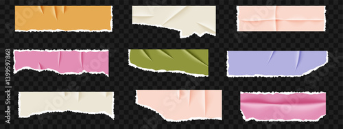 Torn notebook paper pieces with wrinkles and rips. Vector set of orange, purple, pink, white, and green note sheets. Used for scrapbooking, design, and various creative projects.