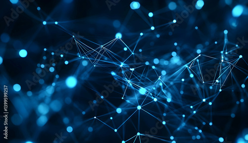Abstract background with blue glowing dots and connection lines forming a digital network on a dark backdrop