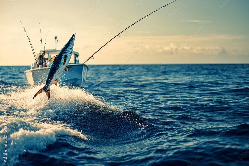 Obraz premium Big Game Fishing Jumping Tuna with Boat and Fishing Rods