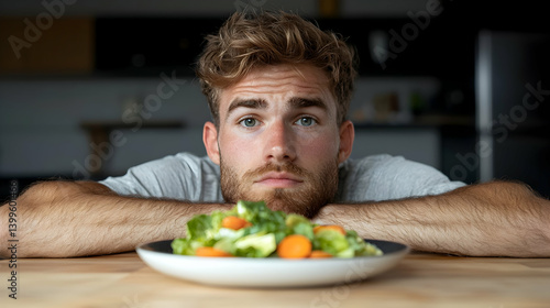 Young Man Hesitantly Regarding a Salad at a Modern Kitchen Table