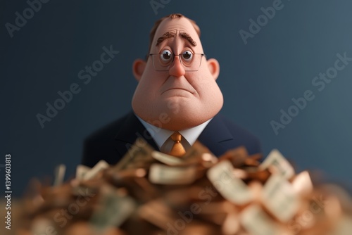 Businessman with worried expression sits in front of a large pile of money in a modern office setting