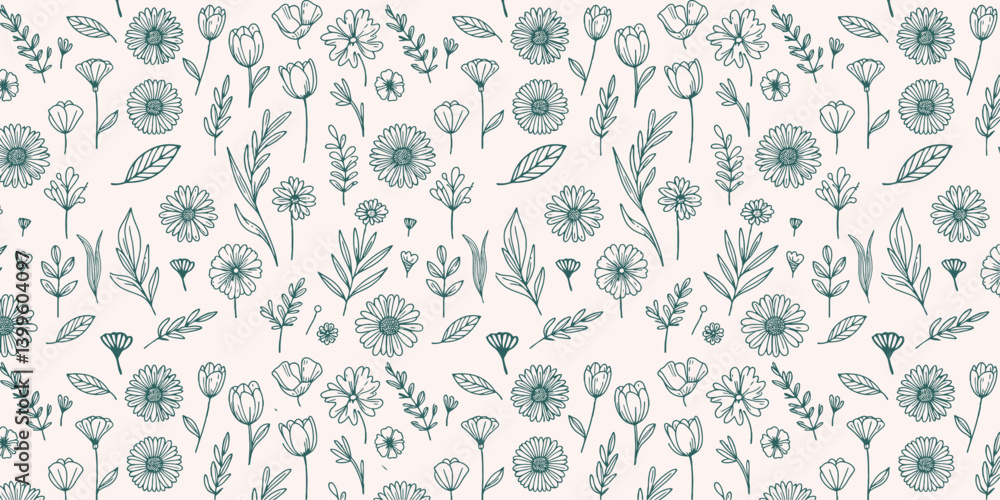 Seamless Hand Drawn Floral Pattern with Various Flowers and Leaves Green Botanical Line Art Sketch on Light Background for Spring or Summer Designs Seamless Hand Drawn Floral Pattern with Various Flowers and Leaves Green Botanical Line Art Sketch on Light Background for Spring or Summer Designs