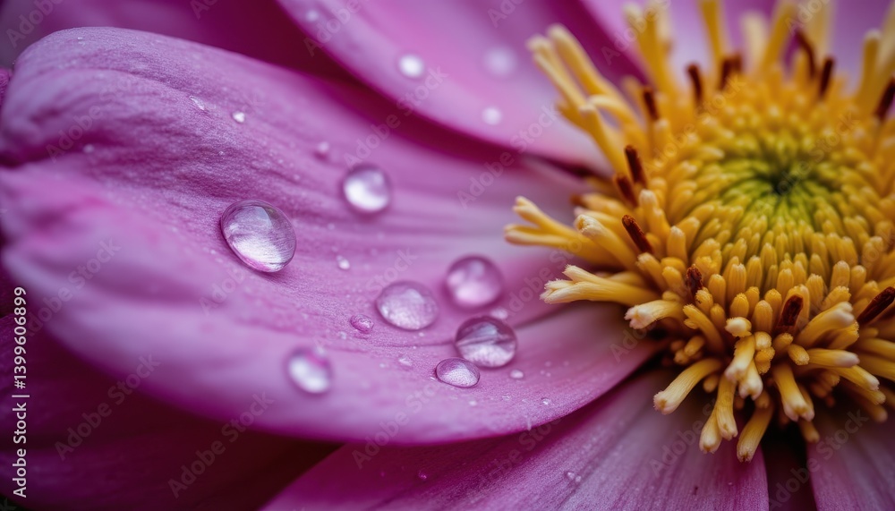Obraz premium Macro photo of an alpine flower, its petals covered in delicate morning dew droplets.