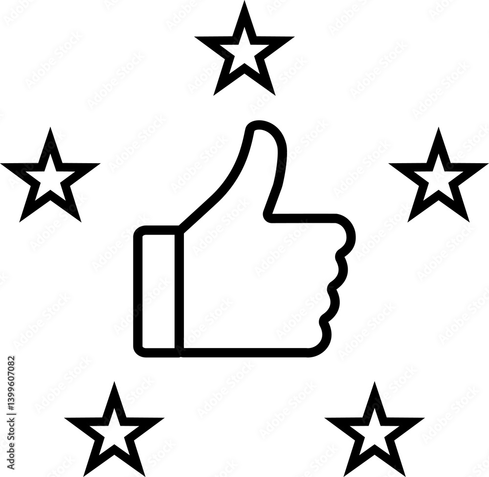 Customer review rating with 5 stars and thumb up illustration. Customer review rating with 5 stars and thumb up illustration.