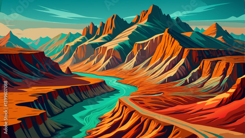 Winding mountain ridge cutting through a vast barren plain, Glowing vector ridge in vibrant teal, blue and orange landscape