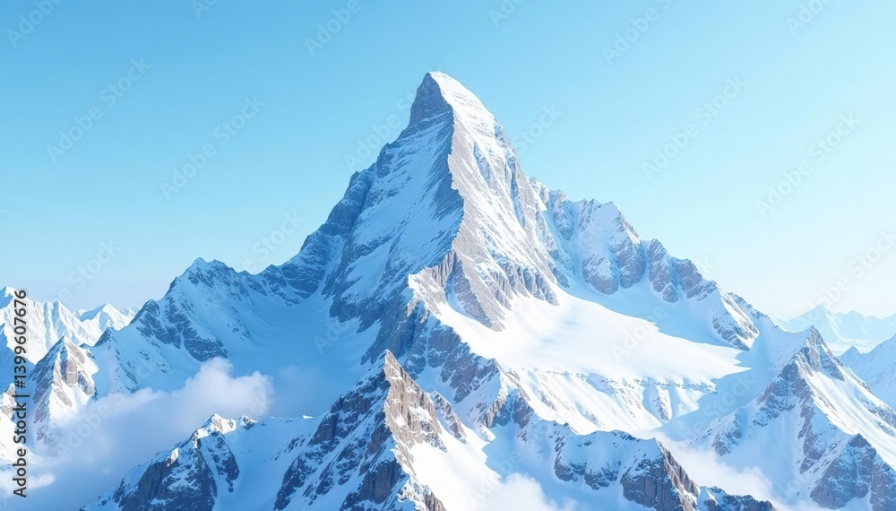 Obraz premium Snow-covered mountain peak, brilliant white against clear sky, white background, natural beauty, scene