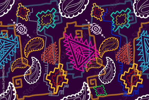 Ikat seamless pattern, geometric design, motif ethnic handmade, Ikat ethnic tribal, boho colors seamless wallpaper. Ethnic Ikat abstract background art, doodle pattern, printing products