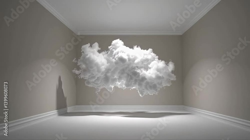 Fluffy white cloud suspended in a minimalist room with gray walls and floor