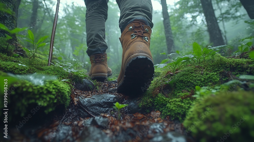 Hiking boots in misty forest trail. Hiking boots in misty forest trail.