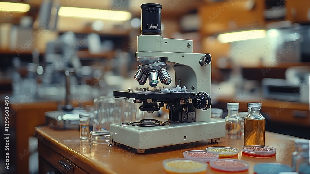 Microscope on lab table with samples. Microscope on lab table with samples.