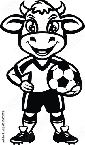 Cute cartoon cow with soccer uniform and ball vector illustration, Cute cartoon cow with soccer uniform and ball silhouette and line art vector