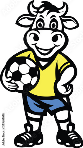 Cute cartoon cow with soccer uniform and ball vector illustration, Cute cartoon cow with soccer uniform and ball silhouette and line art vector