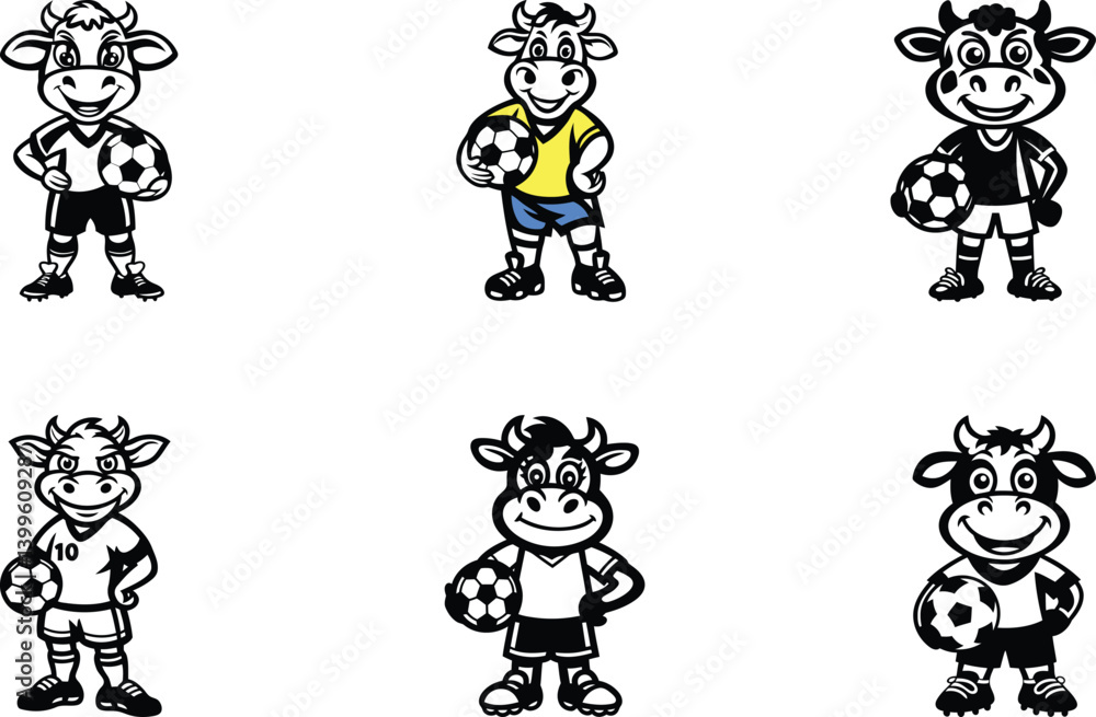 Cute cartoon cow with soccer uniform and ball vector illustration, Cute cartoon cow with soccer uniform and ball silhouette and line art vector Cute cartoon cow with soccer uniform and ball vector illustration, Cute cartoon cow with soccer uniform and ball silhouette and line art vector