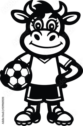 Cute cartoon cow with soccer uniform and ball vector illustration, Cute cartoon cow with soccer uniform and ball silhouette and line art vector