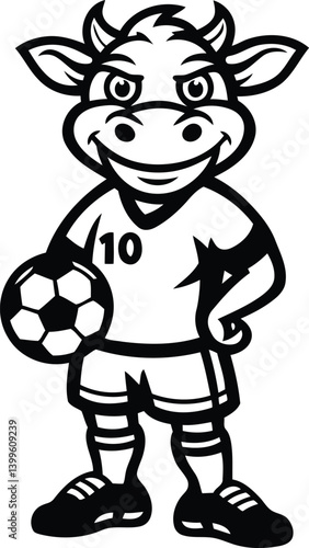 Cute cartoon cow with soccer uniform and ball vector illustration, Cute cartoon cow with soccer uniform and ball silhouette and line art vector