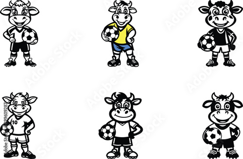 Cute cartoon cow with soccer uniform and ball vector illustration, Cute cartoon cow with soccer uniform and ball silhouette and line art vector