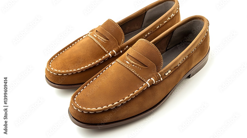 Two brown loafers with white stitching Two brown loafers with white stitching