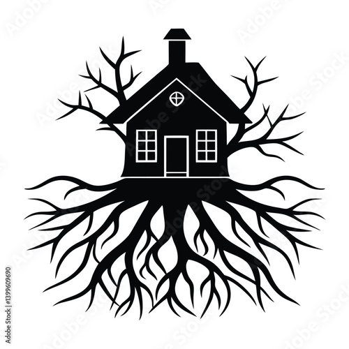 A house combined with a tree root system on white background