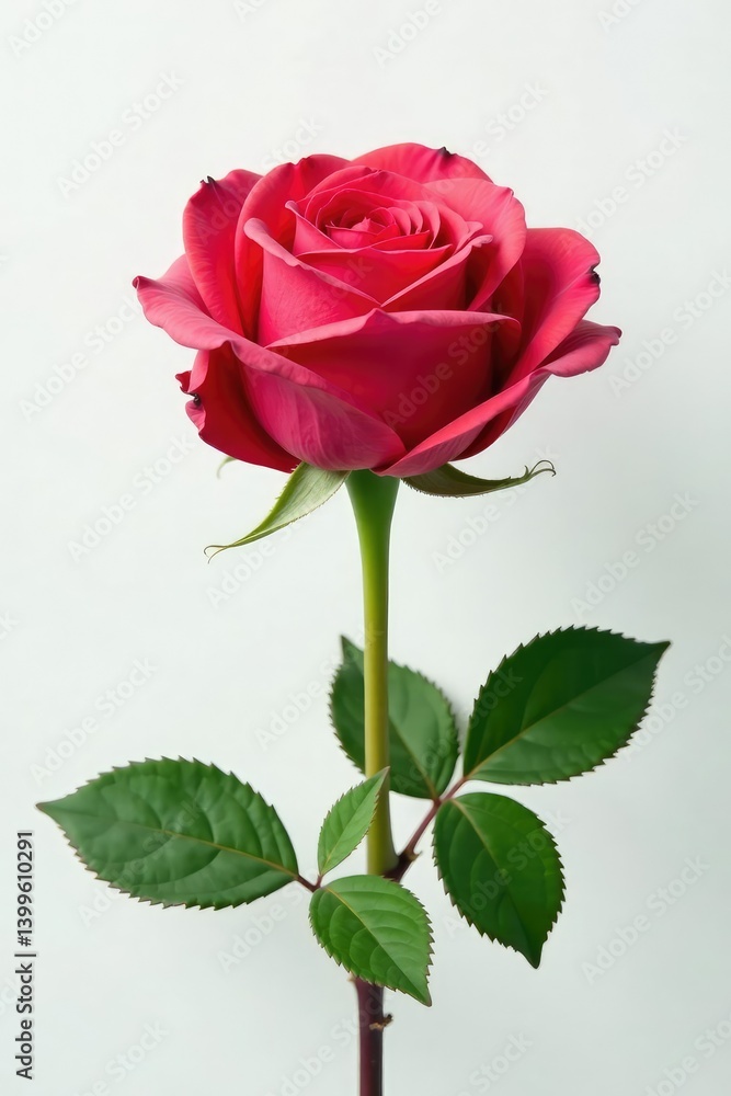 Naklejka premium Single rose on white background with delicate petals, flowers, green, plant