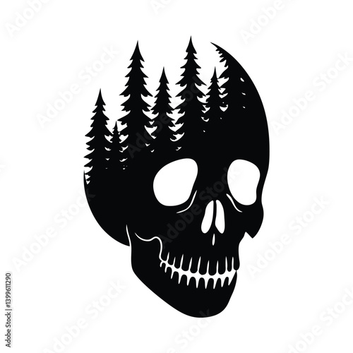 A skull with a forest inside silhouette on white background.