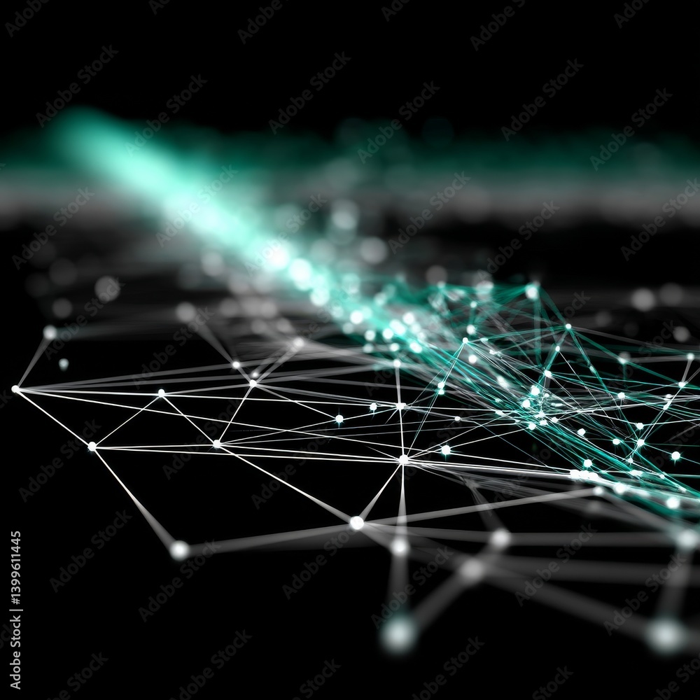 Fototapeta premium Abstract Teal Network: A Futuristic Interconnected Web on a Black Backdrop, Emphasizing Connectivity and Innovation