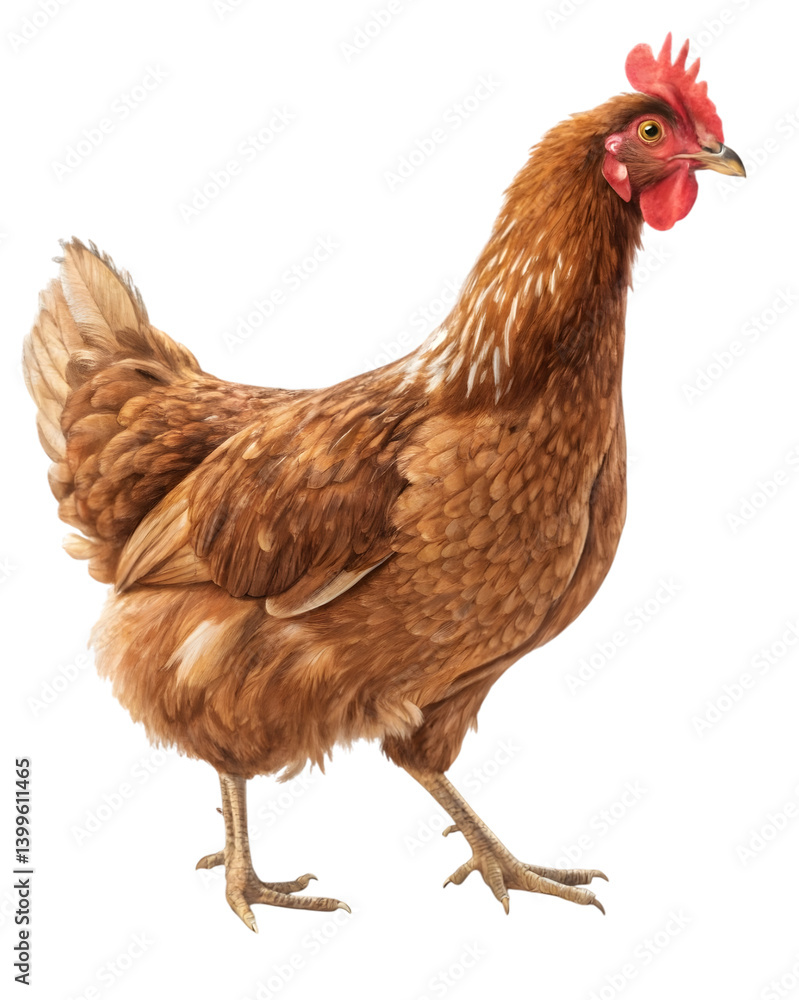 Fototapeta premium Photorealistic side view of brown-feathered chicken with red comb on white background