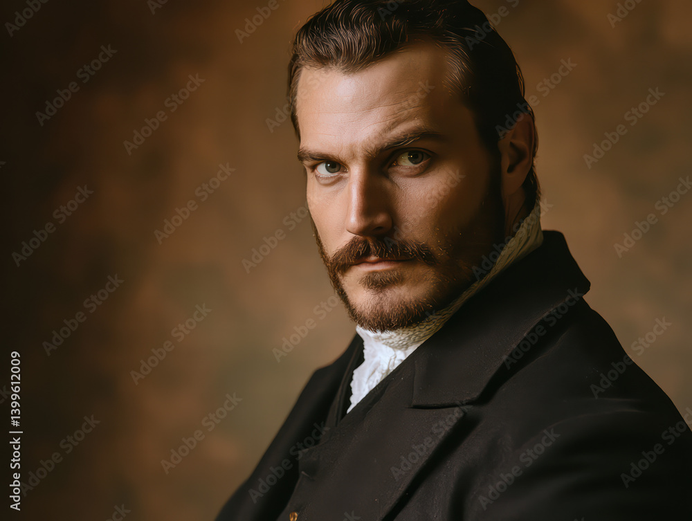 Intriguing Gaze: A captivating portrait of a man with an intense gaze, adorned in a classic Victorian era attire, exuding an air of mystery and strength. Intriguing Gaze: A captivating portrait of a man with an intense gaze, adorned in a classic Victorian era attire, exuding an air of mystery and strength.