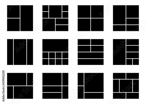 Creative layout grid templates collection. Black web UI UX design set. Pictures or photos frame square collage.