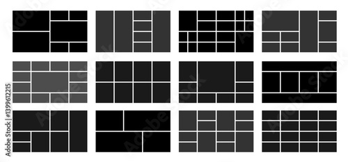 Creative layout grid templates collection. Black web UI UX design set. Pictures or photos frame horizontal collage.