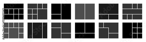 Creative layout grid templates collection. Black web UI UX design set. Pictures or photos frame horizontal collage.