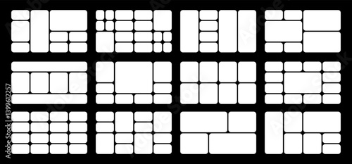 Rounded corners layout collection. Bento grid template for web design. White shapes for pictures or photo frame horizontal collage.