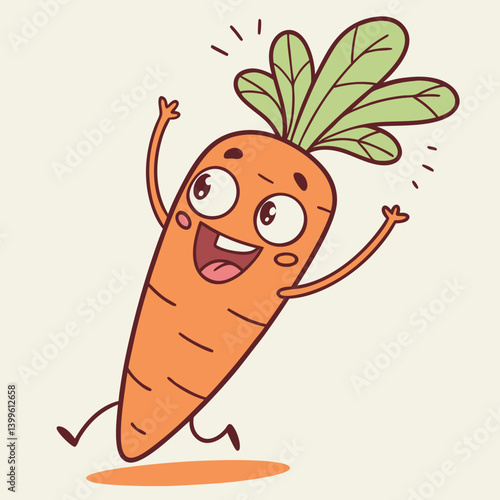 Funny Carrot Cartoon Character Excited Carrot Character with Raised Arms, Big Smile, and Sparkly Eyes – Cute Vector Illustration