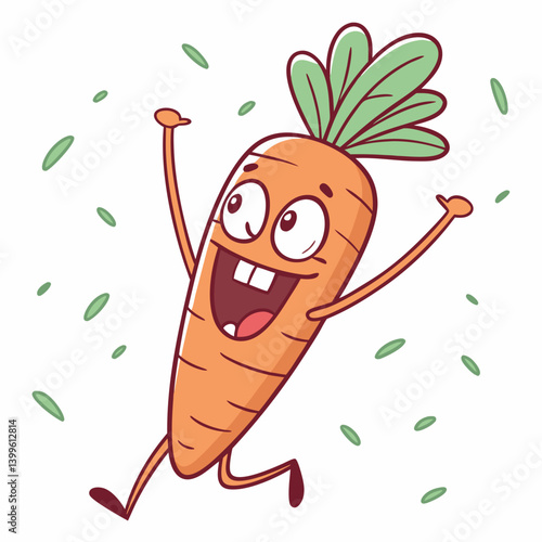 Funny Carrot Cartoon Character Excited Carrot Character with Raised Arms, Big Smile, and Sparkly Eyes – Cute Vector Illustration