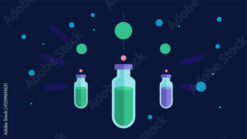 Exosome Vials An illustration of small vials labeled Exosomes surrounded by a glowing aura to signify their potency and importance in skincare.