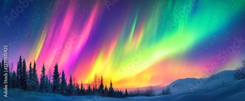 Vibrant Aurora Borealis over Snowy Landscape