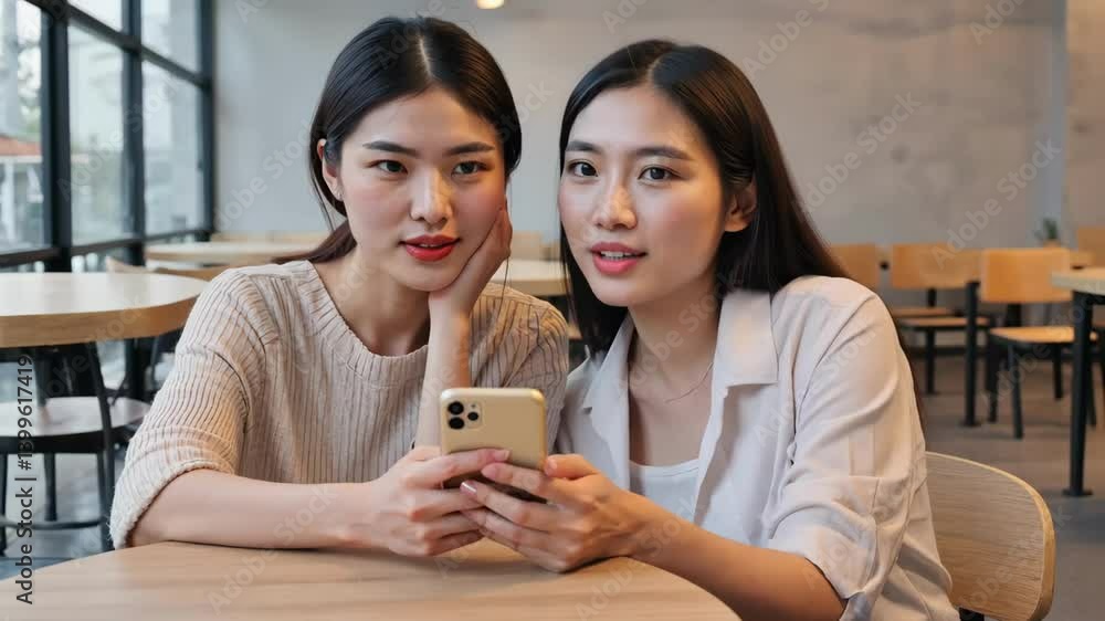 Two Female Friends Enjoying Their Time on Smartphones in a Cozy Cafe