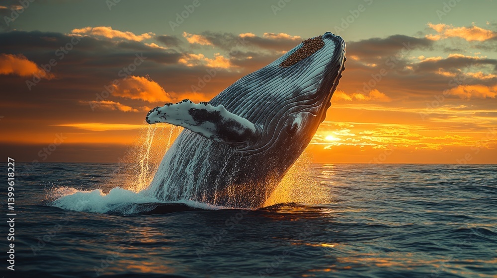 Fototapeta premium Majestic Humpback Whale Breaching at Sunset