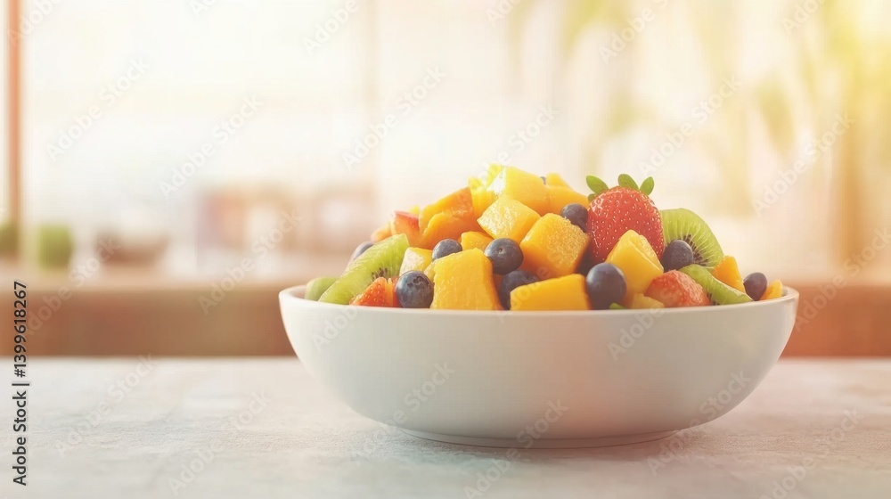 A bowl brimming with an assortment of fresh fruits, including mango, kiwi, and berries, is placed on a table in a sunlit kitchen A bowl brimming with an assortment of fresh fruits, including mango, kiwi, and berries, is placed on a table in a sunlit kitchen