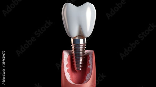 A realistic HD 3D render of a detailed cross-section model showcasing dental implants and natural teeth placement within the jawbone, ideal for dentistry presentations, websites